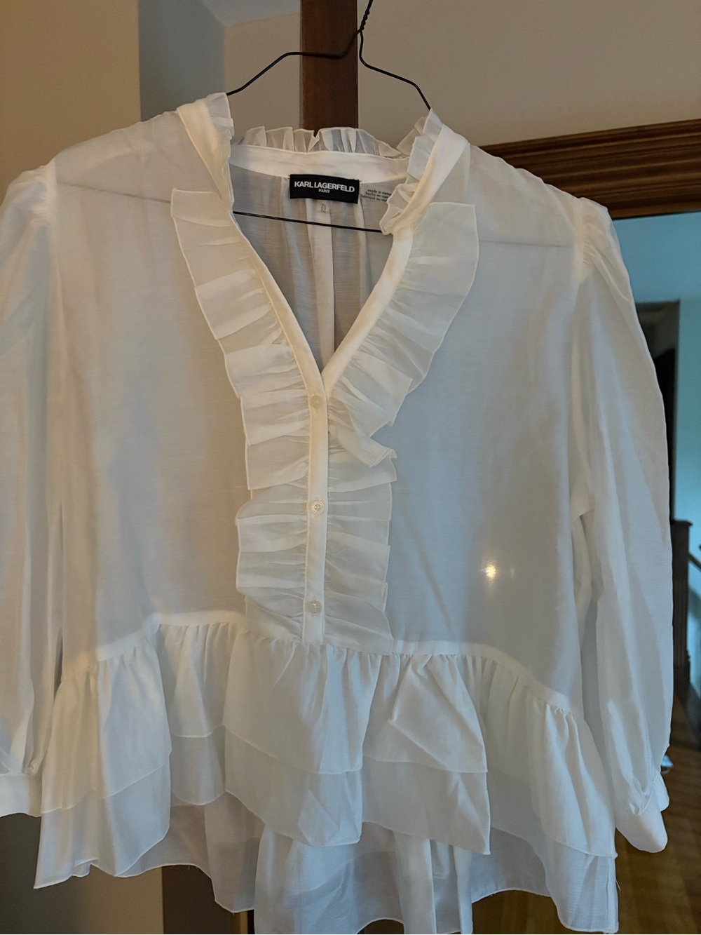 Karl Lagerfeld White Ruffled V-Neck Peplum Blouse